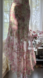 Light pink floral print halter top, fitted waist, irregular hem, long ball gown R7667