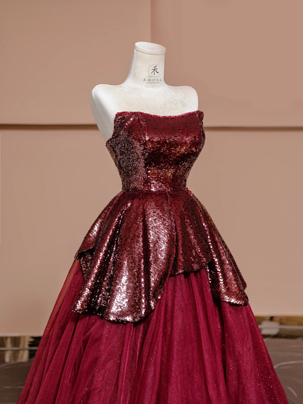 Deep red strapless, fitted waist sequined red ball gown with a full skirt, bridal dress R8360