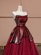 Deep red strapless, fitted waist sequined red ball gown with a full skirt, bridal dress R8360