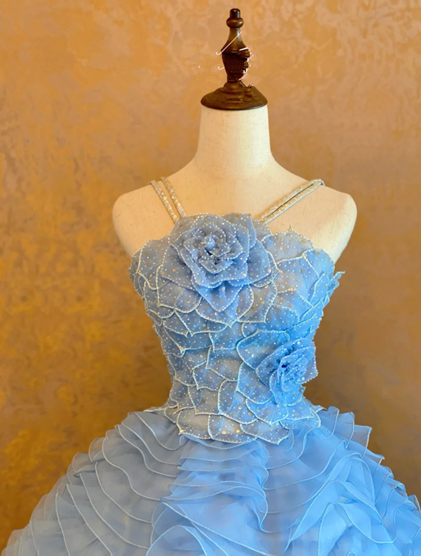 Light Blue Spaghetti-Strap Waist-Cinched Puffball Skirt Ball Gown, Bridal Gown R7358