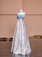 Light blue off-the-shoulder neckline, fitted waist, vintage print long ball gown R8418