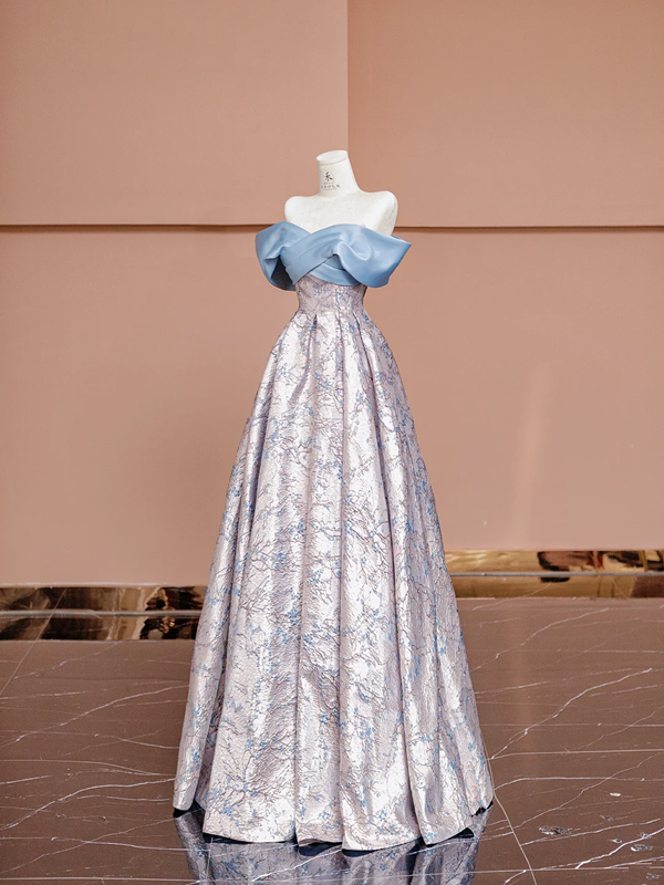 Light blue off-the-shoulder neckline, fitted waist, vintage print long ball gown R8418