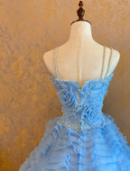 Light Blue Spaghetti-Strap Waist-Cinched Puffball Skirt Ball Gown, Bridal Gown R7358