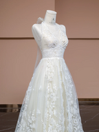 Off-white halter neck fitted waist long lace ball gown, elegant wedding dress R8331