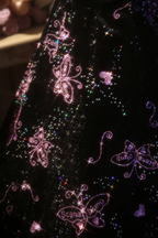 Black Spaghetti Strap Waist-Cinched Vintage Floral Puff-Skirt Ball Gown R7394