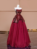 Deep red strapless, fitted waist sequined red ball gown with a full skirt, bridal dress R8360