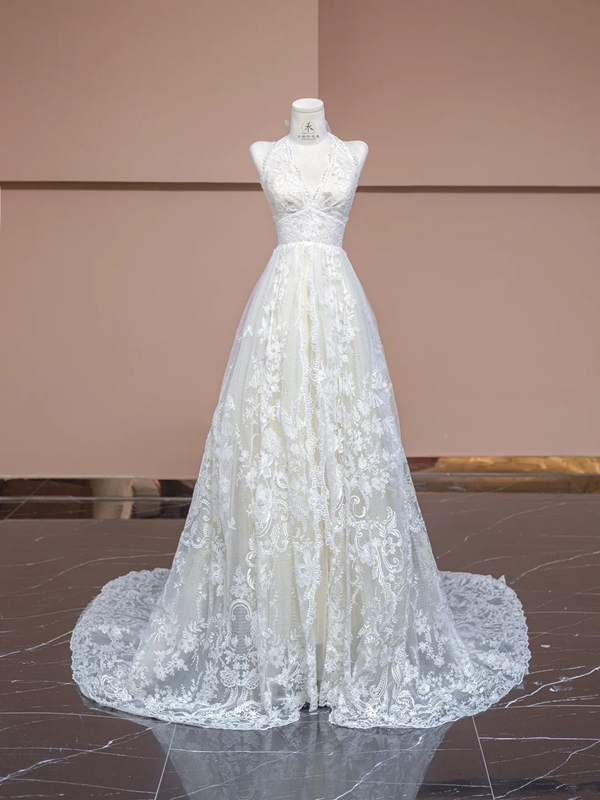 Off-white halter neck fitted waist long lace ball gown, elegant wedding dress R8331