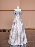 Light blue off-the-shoulder neckline, fitted waist, vintage print long ball gown R8418