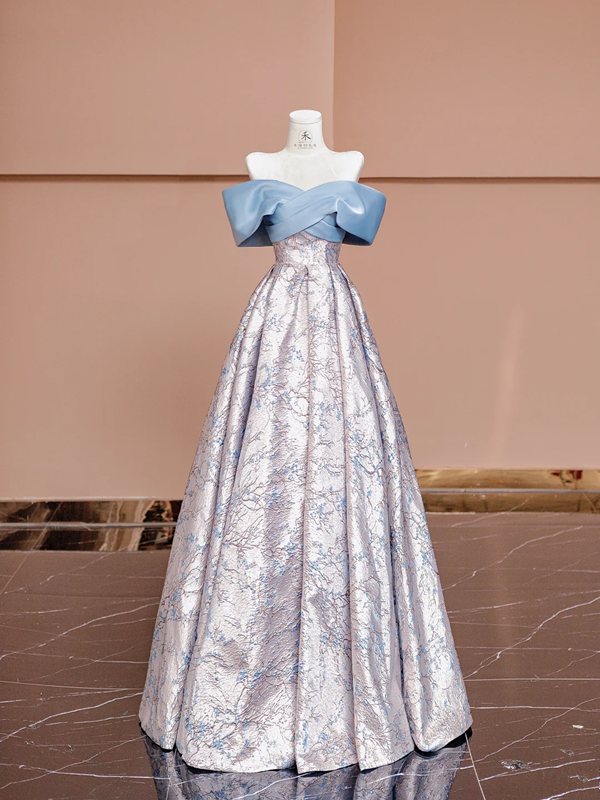 Light blue off-the-shoulder neckline, fitted waist, vintage print long ball gown R8418