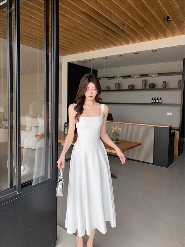 Red square neck suspender dress niche high-end a-line long dress certificate dress R1478