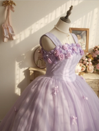 Sweet Princess Light Purple 3D Floral Square Neck Bow Tulle Ball Gown Evening Dress Sweet 16 Dress cc5380