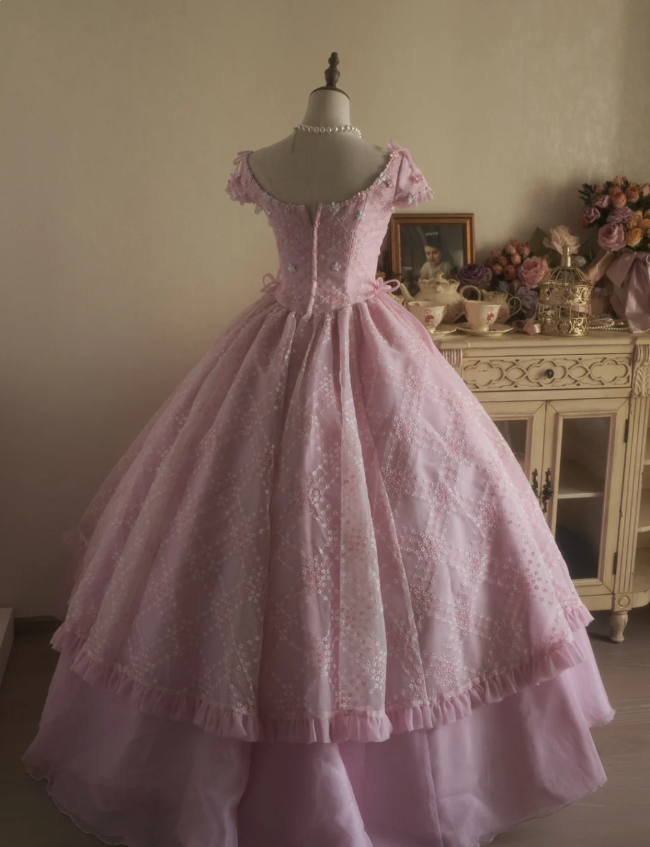 Sweet Court Light Pink Embroidered Floral Tulle Ball Gown Evening Dress Sweet 16 Dress cc5382
