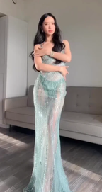 Pretty Mermaid Spaghetti Straps Sequin Green Long Prom Dresses Evening Dress cg26143