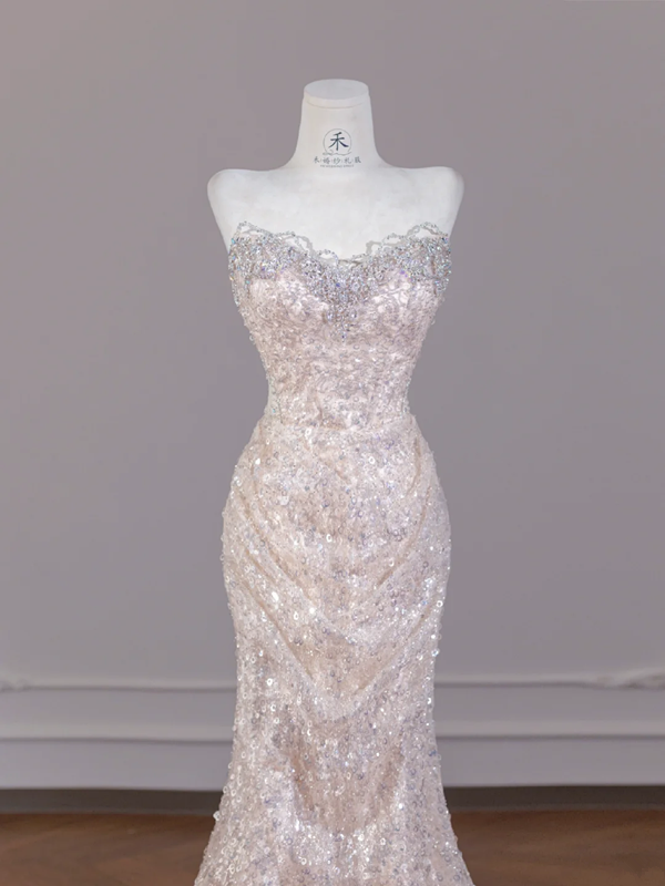 Light apricot strapless fitted sequined long ball gown R8274