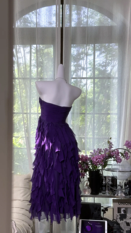 Purple strapless, fitted waist, tiered skirt, mid-length ball gown R7629