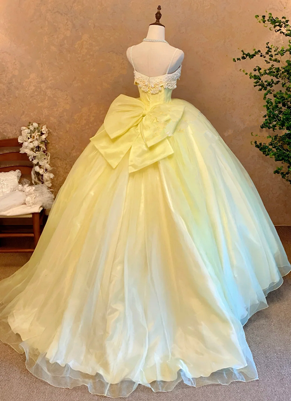 Light Yellow Spaghetti-Strap Waist-Cinched Puffball Skirt Ball Gown, Bridal Gown R7359