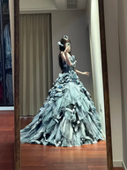 Gray-blue strapless, fitted waist, tiered, full skirt, long ball gown R8637