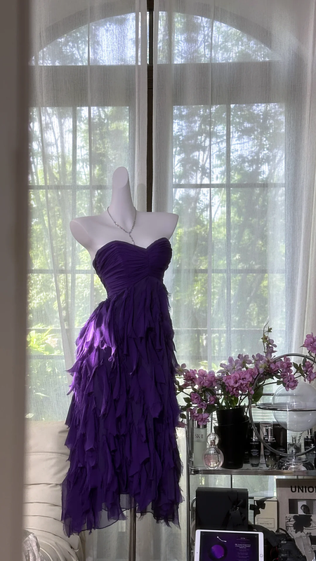 Purple strapless, fitted waist, tiered skirt, mid-length ball gown R7629