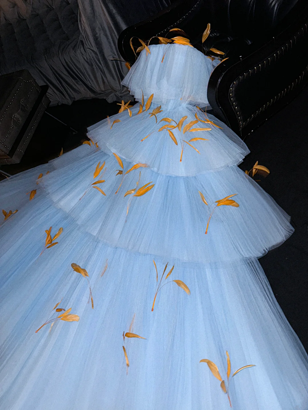 Light blue long ball gown with tulle skirt, perfect for a wedding R8730