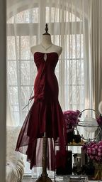 Deep red strapless, fitted waist, bodycon, sexy long ball gown R7709
