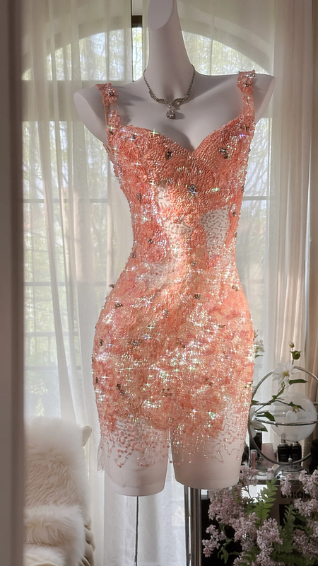 Orange-pink halter-neck, fitted waist, backless, sexy bodycon short ball gown R7668