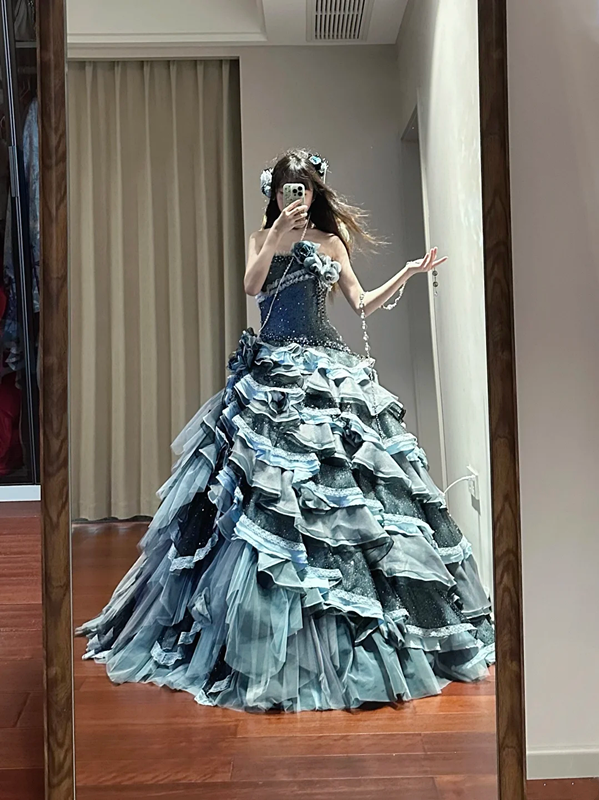 Gray-blue strapless, fitted waist, tiered, full skirt, long ball gown R8637