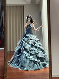 Gray-blue strapless, fitted waist, tiered, full skirt, long ball gown R8637