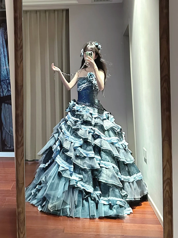 Gray-blue strapless, fitted waist, tiered, full skirt, long ball gown R8637