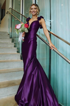 Sexy Mermaid Straps Neckline Pink Satin Backless Evening Gown Prom Dresses
