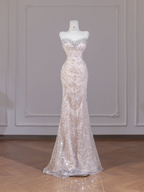 Light apricot strapless fitted sequined long ball gown R8274