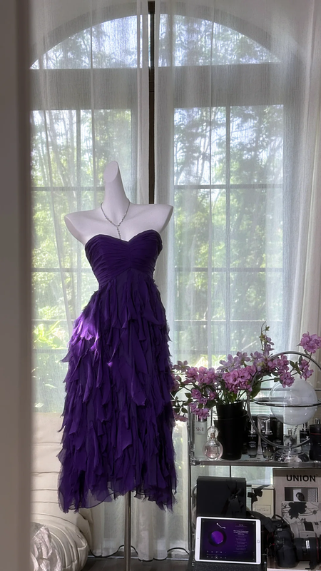 Purple strapless, fitted waist, tiered skirt, mid-length ball gown R7629