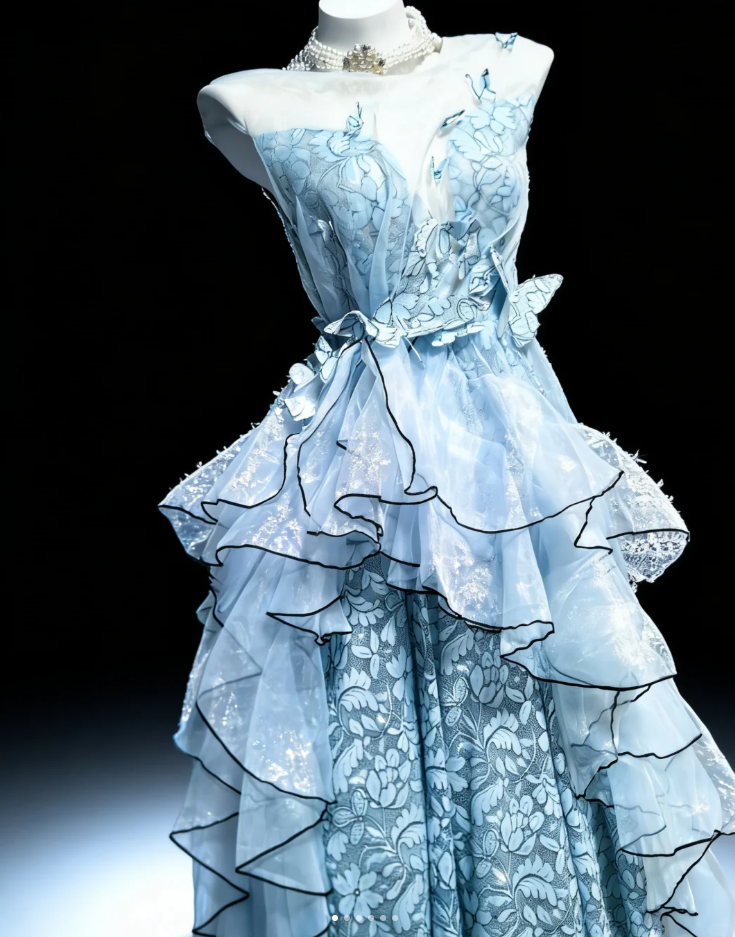 Glamorous Blue Tulle Lace Floral Long Party Dress Formal Birthday Prom Gowns SP1573