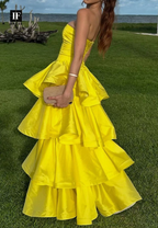 Fashion Yellow Strapless Satin Layered A Line Long Wedding Guest Dress Formal Evening Gown