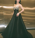 Stylish Spaghetti Straps Black Satin Beaded A Line Long Party Dress Birthday Outfits SP1033