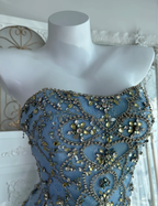 Gorgeous Blue Strapless Tulle Beaded Mermaid Long Party Dress Prom Dress, Formal Wedding Guest Dress SP1456