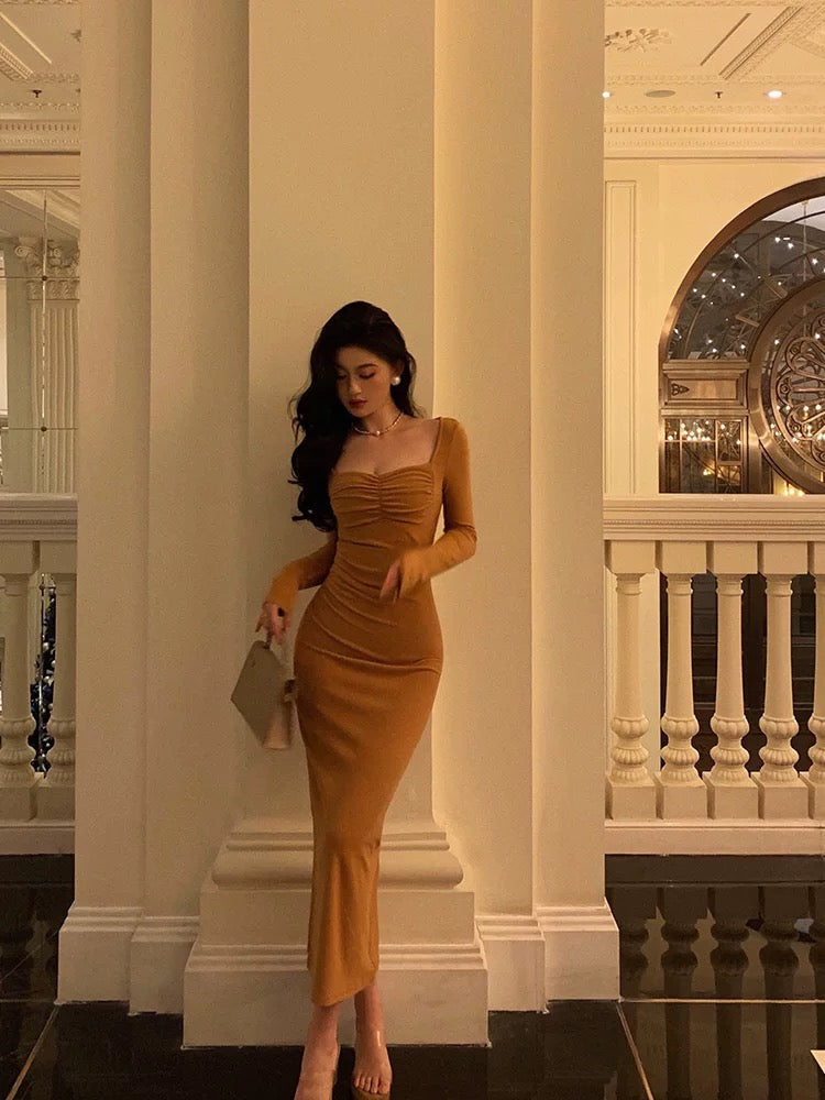 Classy Mermaid Square neckline Orange Prom Dresses Birthday Outfits Evening Gown