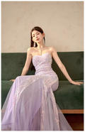 Gorgeous Sweetheart Neck Lavender Tulle Sequin Mermaid Long wedding Guest Dress Formal Evening Dress Prom Gown