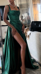 Green Straps Long Prom Dress With Pleat,Charming Green Evening Dress Y1592