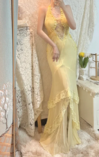 Classy Halter Yellow Lace Chiffon Beaded Mermaid Long Evening Gown Party Dress