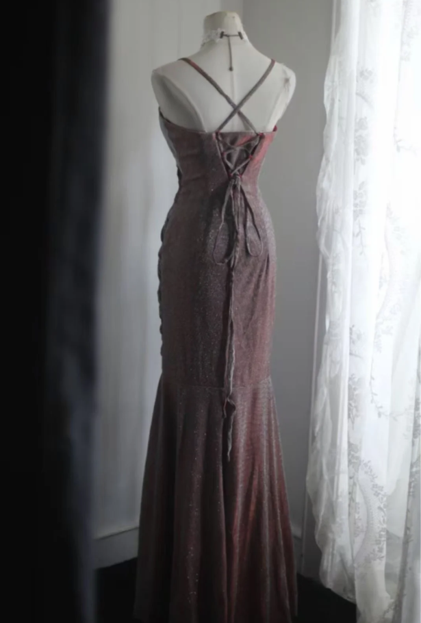 Shiny Spaghetti Straps Purple Satin Sequin Pleated Mermaid Slit Long Evening Dress Birthday Party Gown