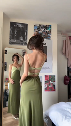Vintage Sage Green Spaghetti Straps Satin Long Evening Dress Formal Wedding Guest Dress SP342