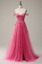 A Line Spaghetti Straps Hot Pink Prom Dress With Appliques Y2800