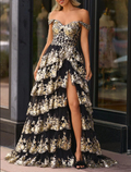 Sparkly Off The Shoulder Black Tulle Appliques Slit Prom Dress,Layered Long Prom Dress Y8428