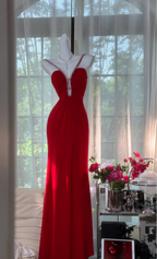 Charming Red Spaghetti Straps Chiffon Beaded Mermaid Evening Dress Backless Long Prom Gown