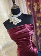 Elegant Burgundy Strapless Satin Pleated Mermaid Long Evening Dress Prom Dresses SP1621