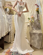 Elegant V Neck Satin Beaded Mermaid Long Wedding Guest Dress White Formal Party Dress Prom Gown
