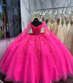 Quinceañera Off Shoulder Lace Appliques Tulle Ball Gown Dress with Cape for Sweet 16 Birthday