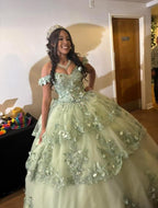 A Line Green Off Shoulder Quinceanera Dress Lace Appliques Sweet 16 15 Ball Gown   cg25906