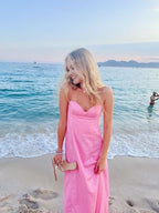 Simple A line Straps Long Pink Prom Dress Party Dresses     cg25077
