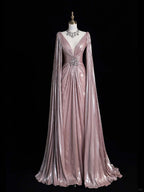 Luxury A line Evening Prom Dress Long Sleeve V neck Shiny Custom Made Party Gowns